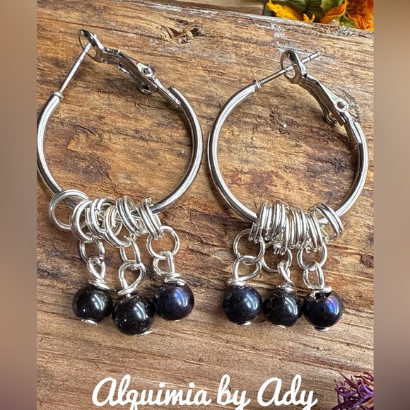 Aura quartz black and silver charms statement hoops - Picture 1 of 1